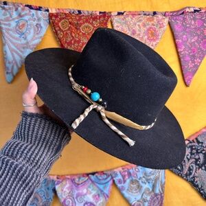 American Hat Makers Wide-Brim Boho Fedora Hat with Beaded Band